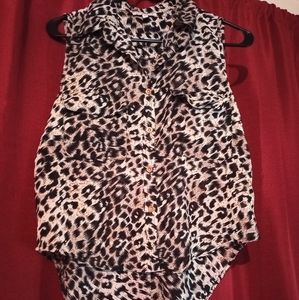 Leopard Button Down High Low Short Sleeve Blouse
